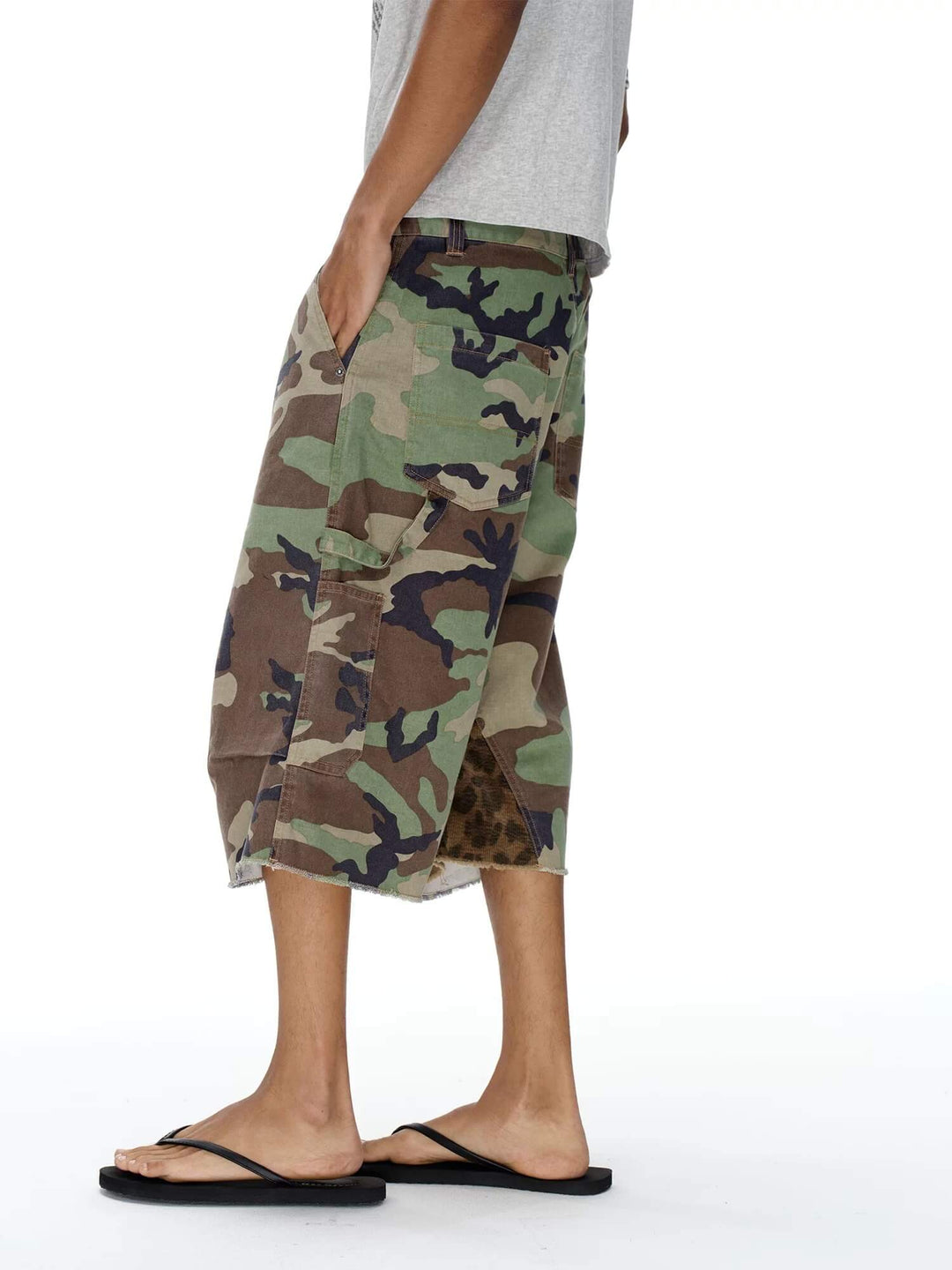 EXITMODE BY BLIND NO PLAN Camo Leopard Color Block Patchwork Baggy Work Shorts | Face 3 Face