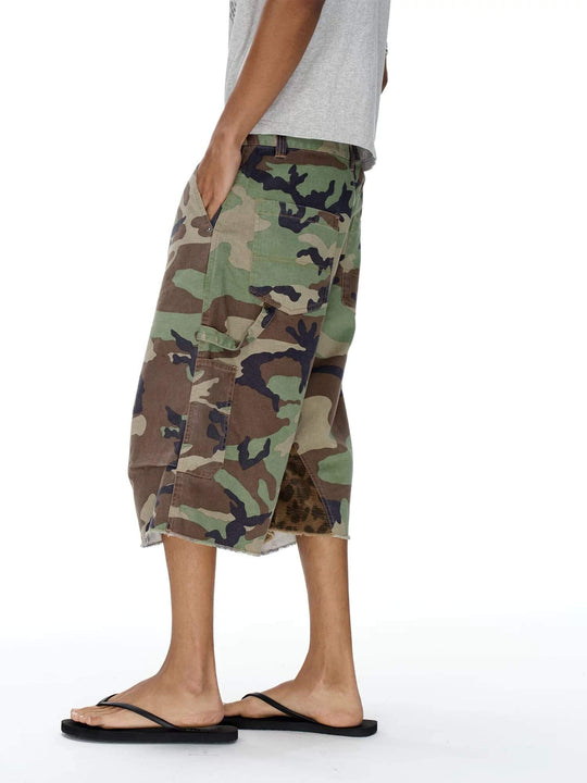 EXITMODE BY BLIND NO PLAN Camo Leopard Color Block Patchwork Baggy Work Shorts | Face 3 Face