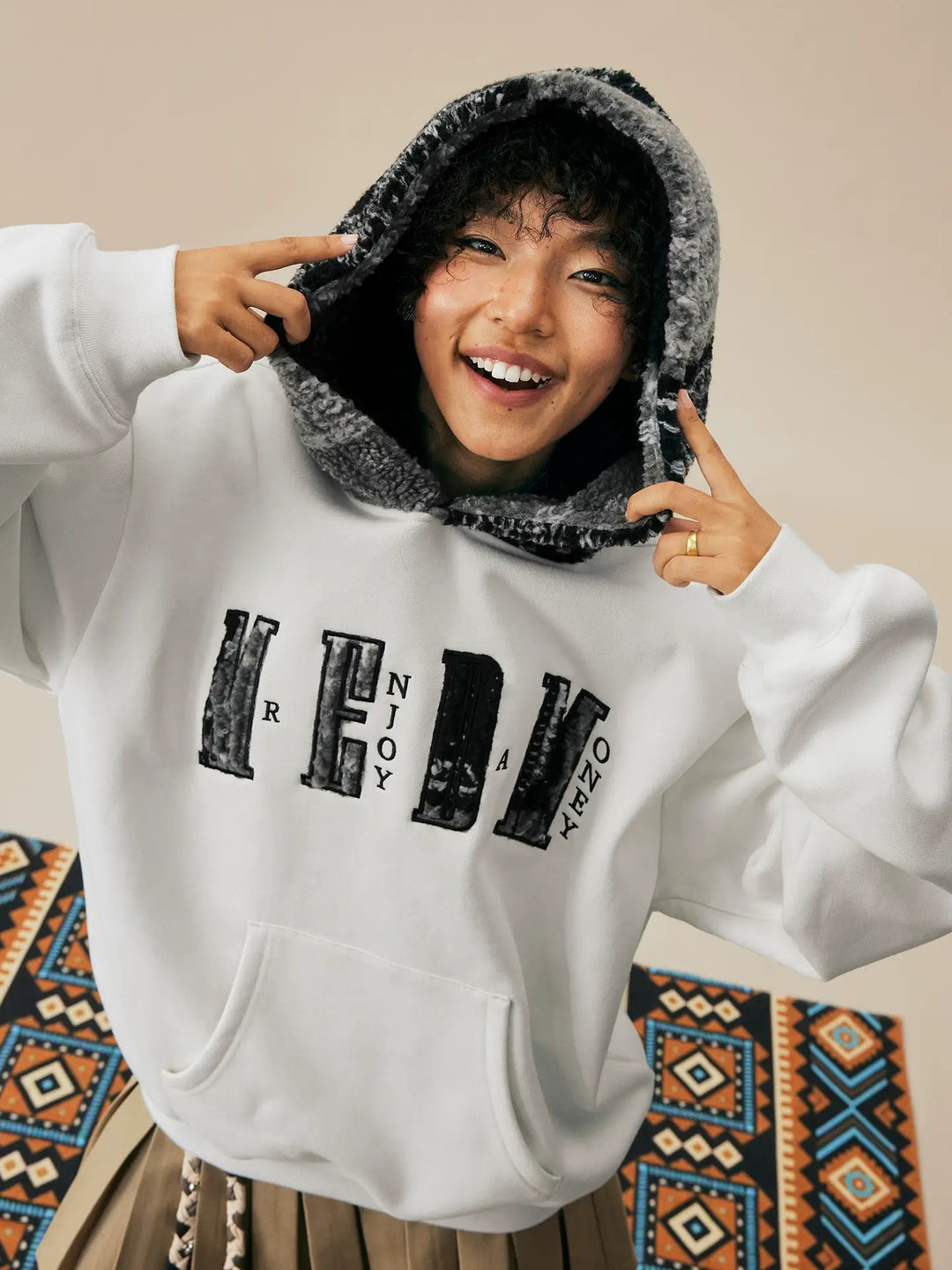 MEDM Patterned Sherpa Hood Patchwork Hoodie | Face 3 Face