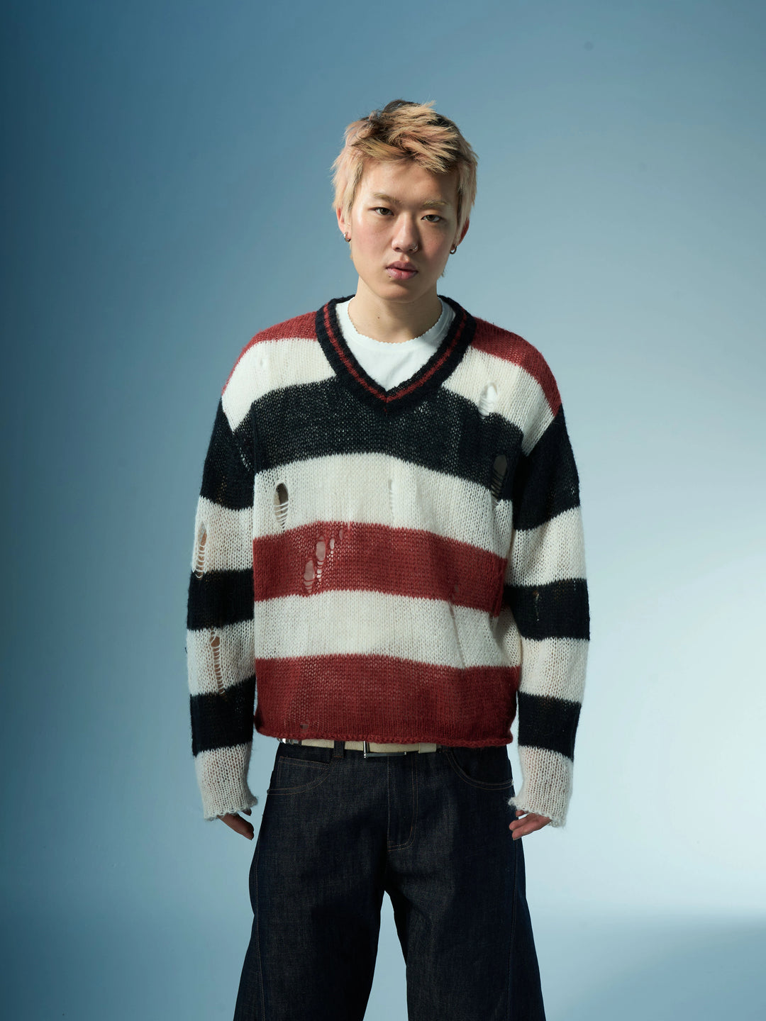 EVILKNIGHT(EK) Striped Colorblocking Distressed V-Neck Knit Sweater | Face 3 Face