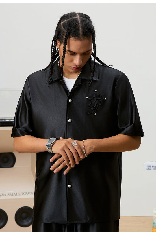 Small Town Kid 3D Cross Embroidered Satin Cuban Shirt Set | Face 3 Face