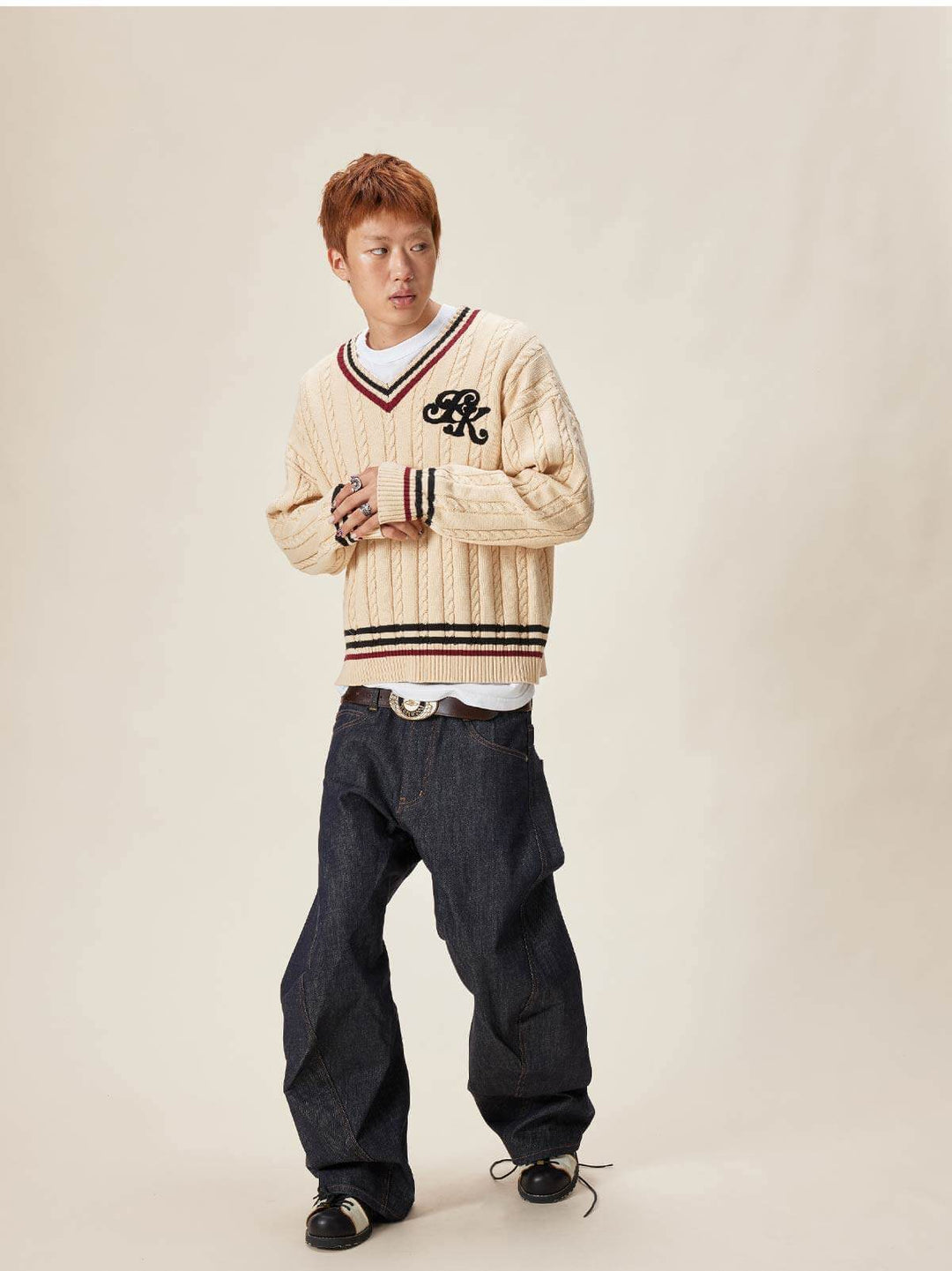 EVILKNIGHT(EK) Logo Cable Knit V Neck Sweater | Face 3 Face