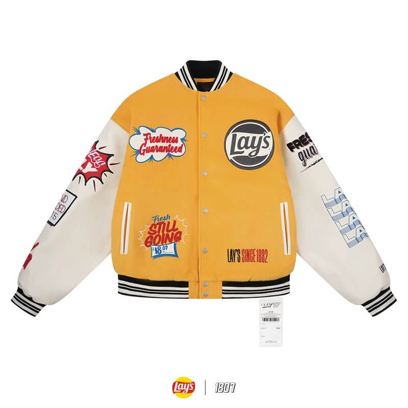 1807 × Lay’s Embroidered PU Leather Varsity Jacket | Face 3 Face