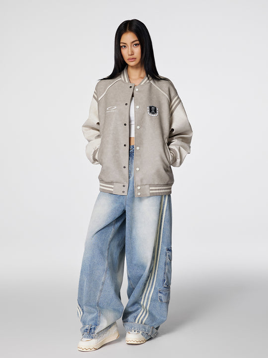 Racer varsity jacket | Achock Color Blocking PU Leather Varsity Jacket | Face 3 Face