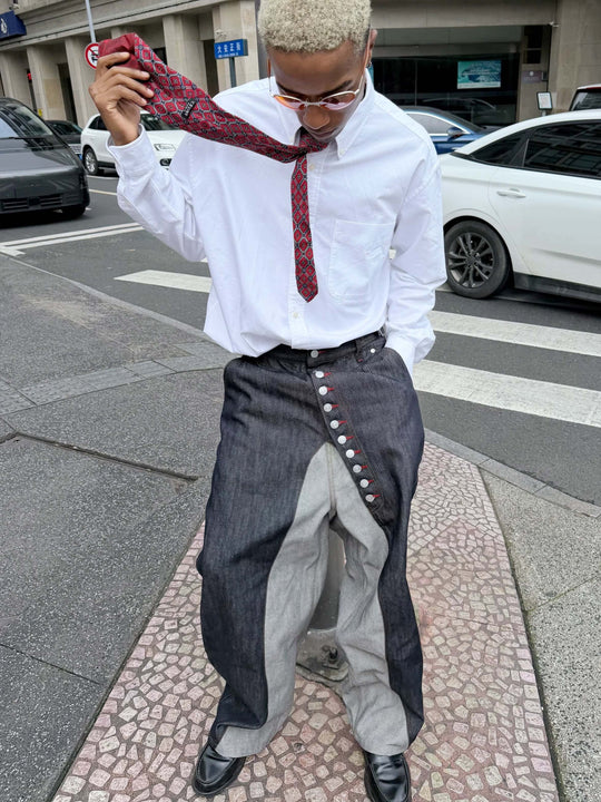 STEEPC Button Fly Reverse Patchwork Baggy Jeans | Face 3 Face