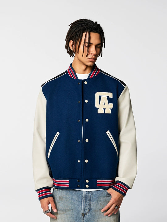 Racer varsity jacket | Achock College Embroidery Navy Blue Varsity Jacket | Face 3 Face