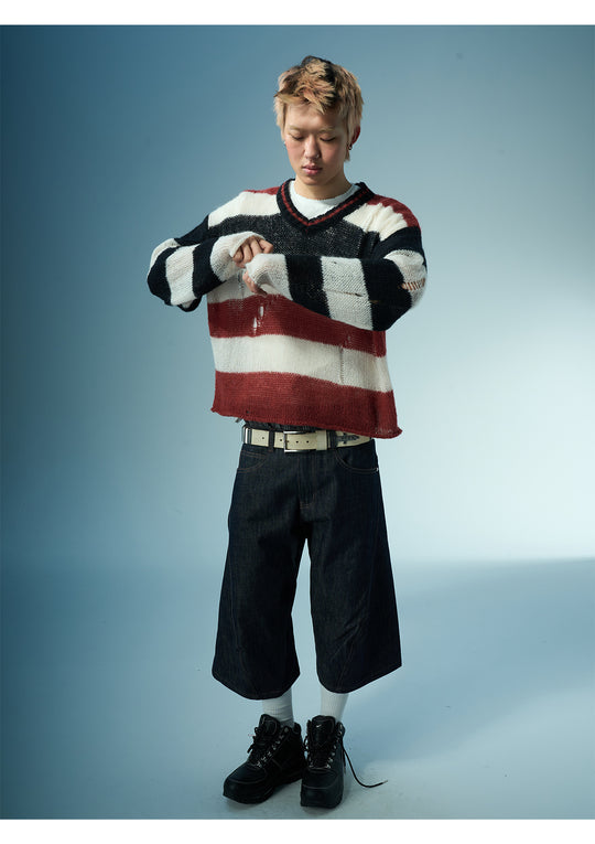 EVILKNIGHT(EK) Striped Colorblocking Distressed V-Neck Knit Sweater | Face 3 Face