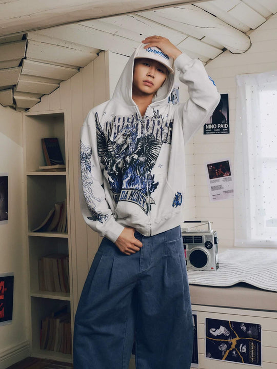 MEDM Skeleton Angel Graphic Print Distressed Zip Up Hoodie | Face 3 Face