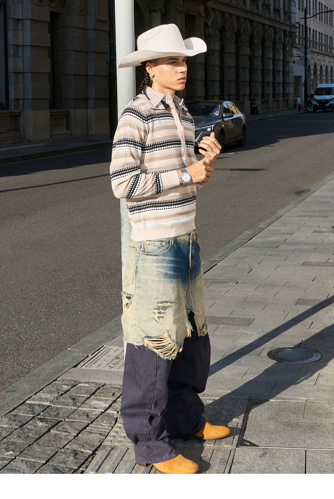 STEEPC Layered Design Knit Striped Long Sleeve Polo | Face 3 Face