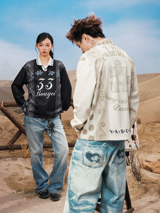 YADcrew Ethnic Puzzle Long Sleeve Polo Soccer Jersey | Face 3 Face