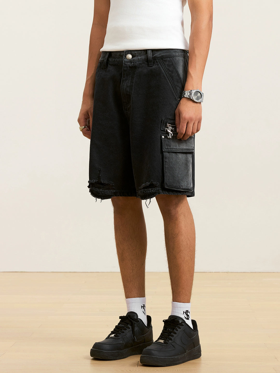 Small Town Kid Rivets Washed Denim Utility Cargo Shorts | Face 3 Face