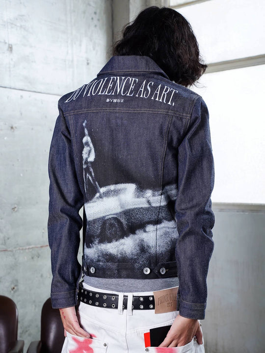 TGFCLUB Portrait Graphic Studded Slim Fit Denim Jacket | Face 3 Face