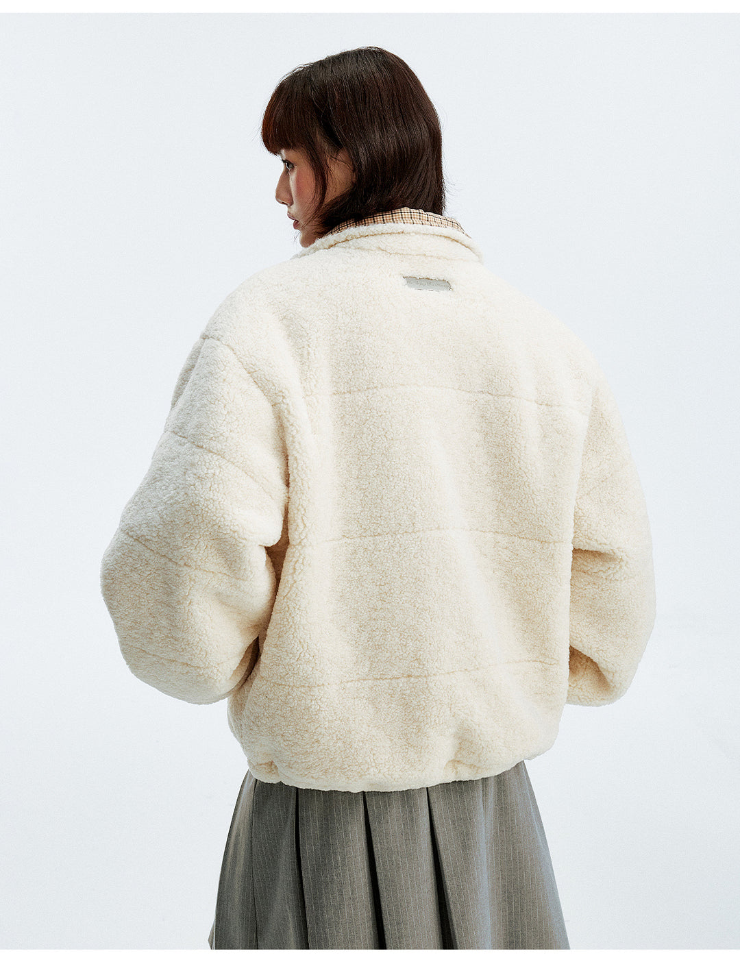 MEDM Plaid Trim Sherpa Short Jacket | Face 3 Face