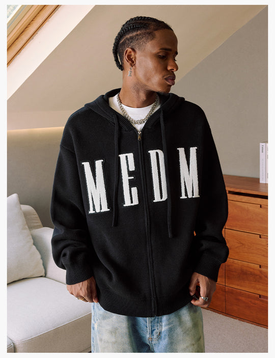 MEDM Basic Embroidered Logo Zip Up Knit Hoodie | Face 3 Face