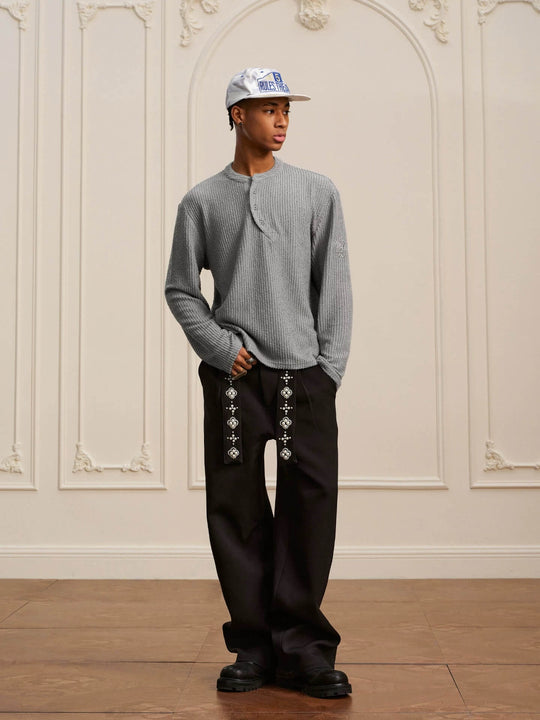 YADcrew Twisted Henley Pinstripe Long Sleeve Tee | Face 3 Face