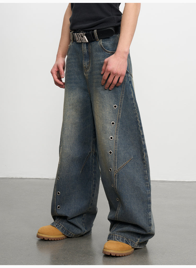 AFGK Metal Grommet Patchwork Washed Baggy Jeans | Face 3 Face