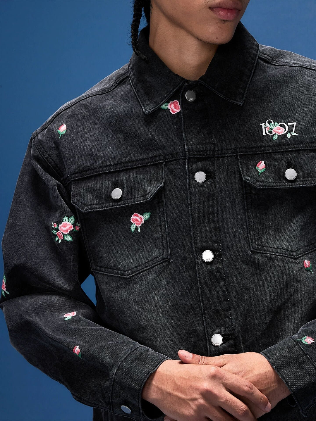 1807 All Over Floral Embroidered Washed Denim Jacket | Face 3 Face