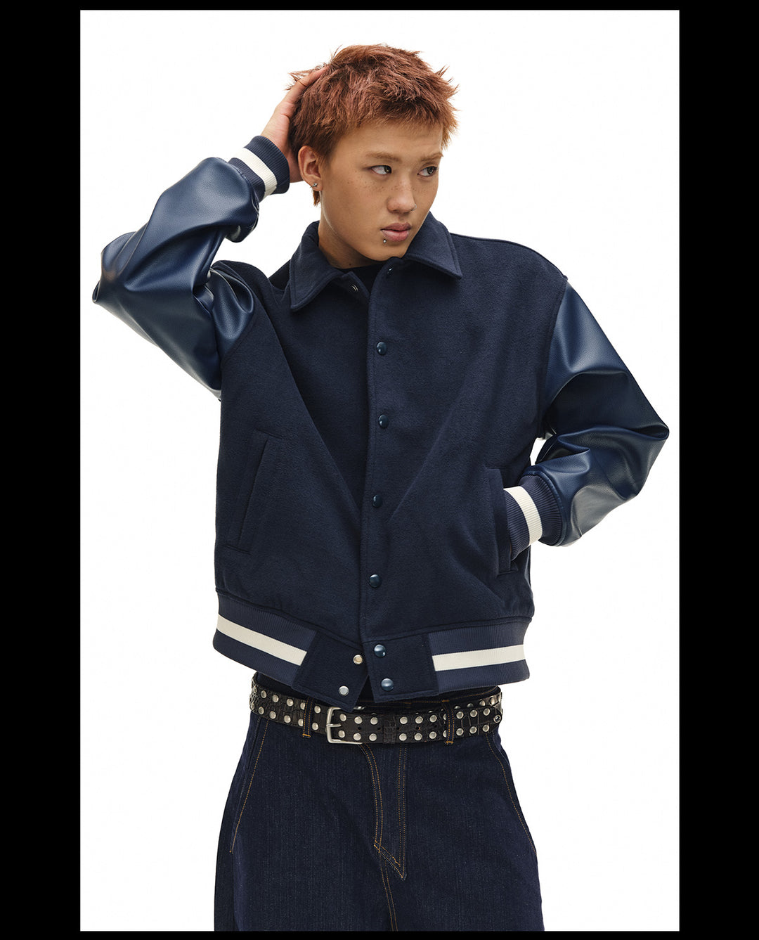 NOVACAM Navy Blue Short Basic Varsity Jacket | Face 3 Face