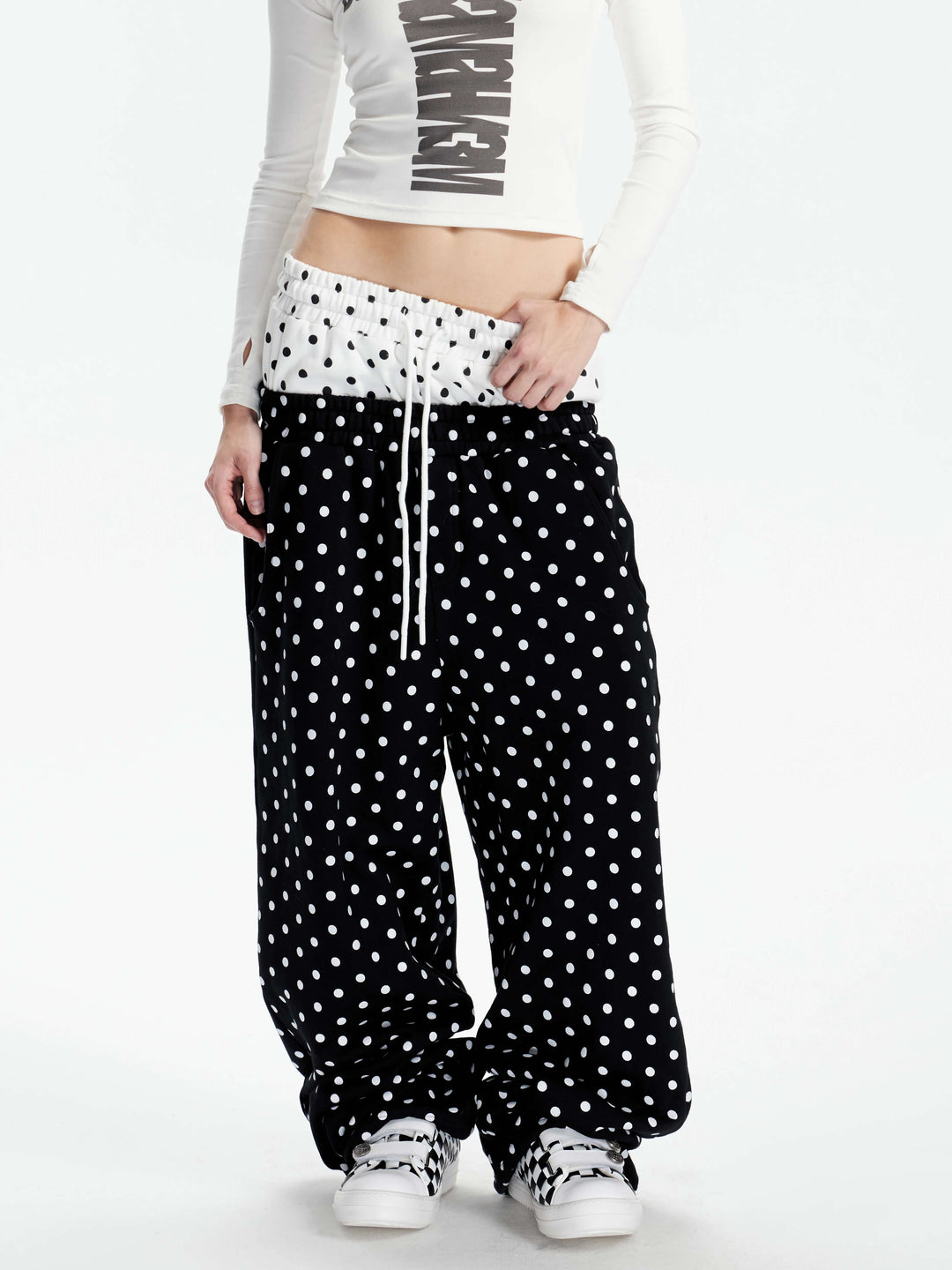 KARMANISTIC Color Block All Over Dot Print Double Waist Baggy Sweatpants | Face 3 Face