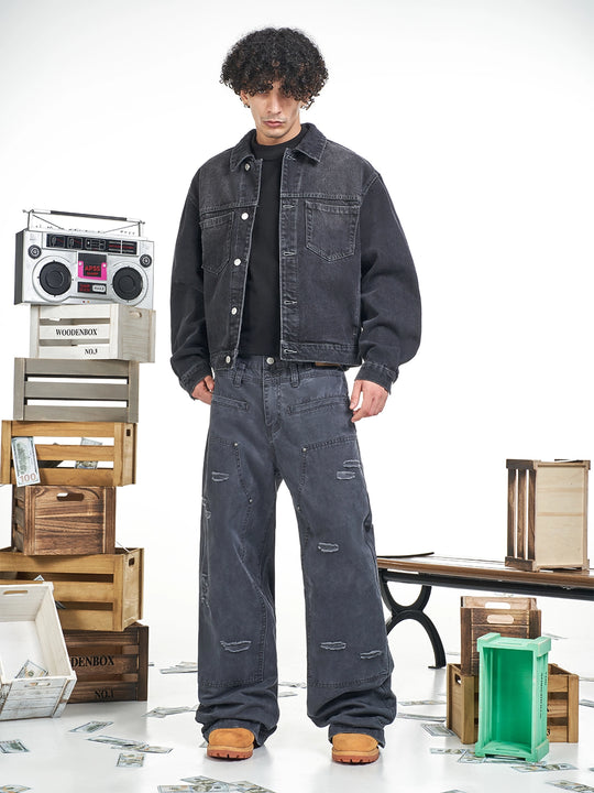 F3F Select Destroyed Double Knee Gray Baggy Jeans | Face 3 Face