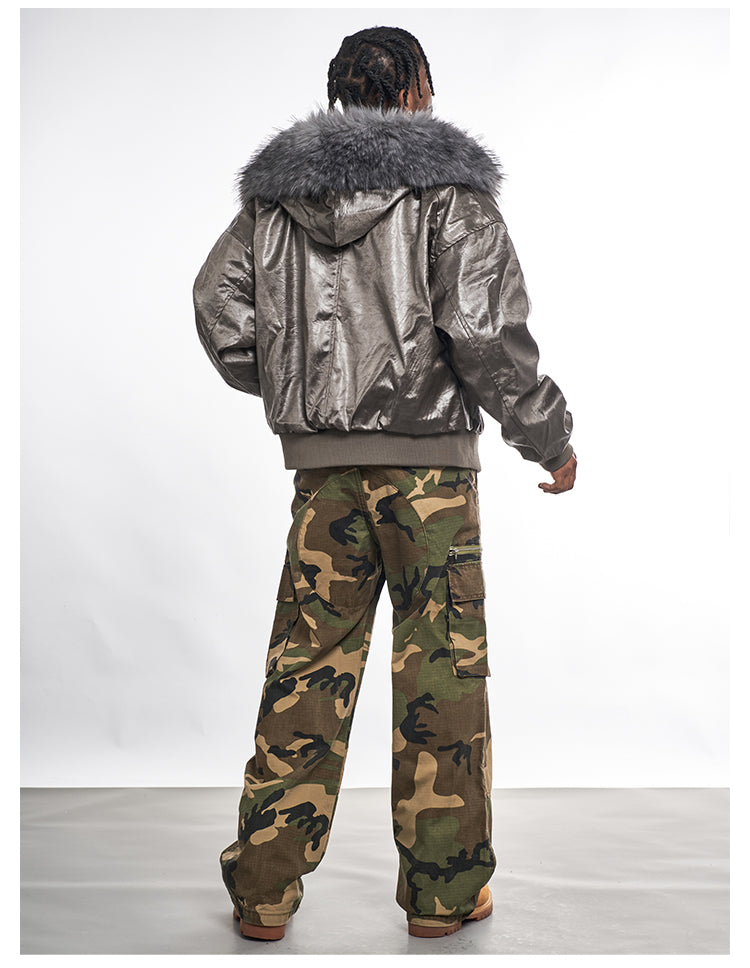 F3F Select Red Velvet Lining PU Leather Fur Hooded Bomber Jacket | Face 3 Face