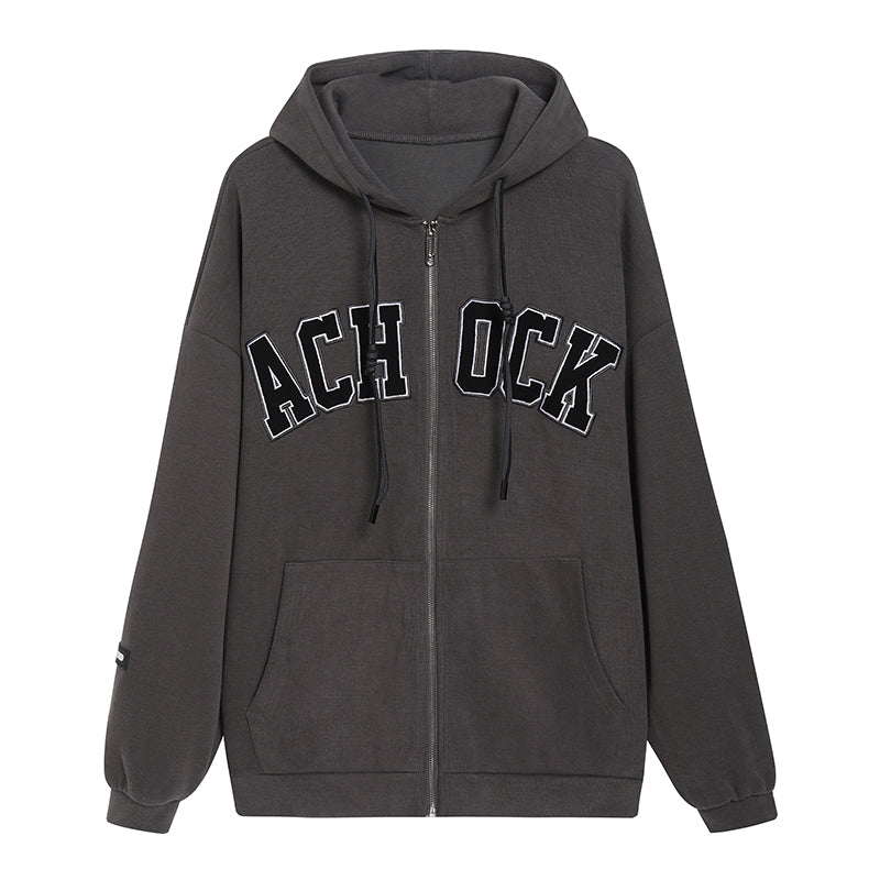 Achock Zipper Drawstring Letter Embroidered Hoodie