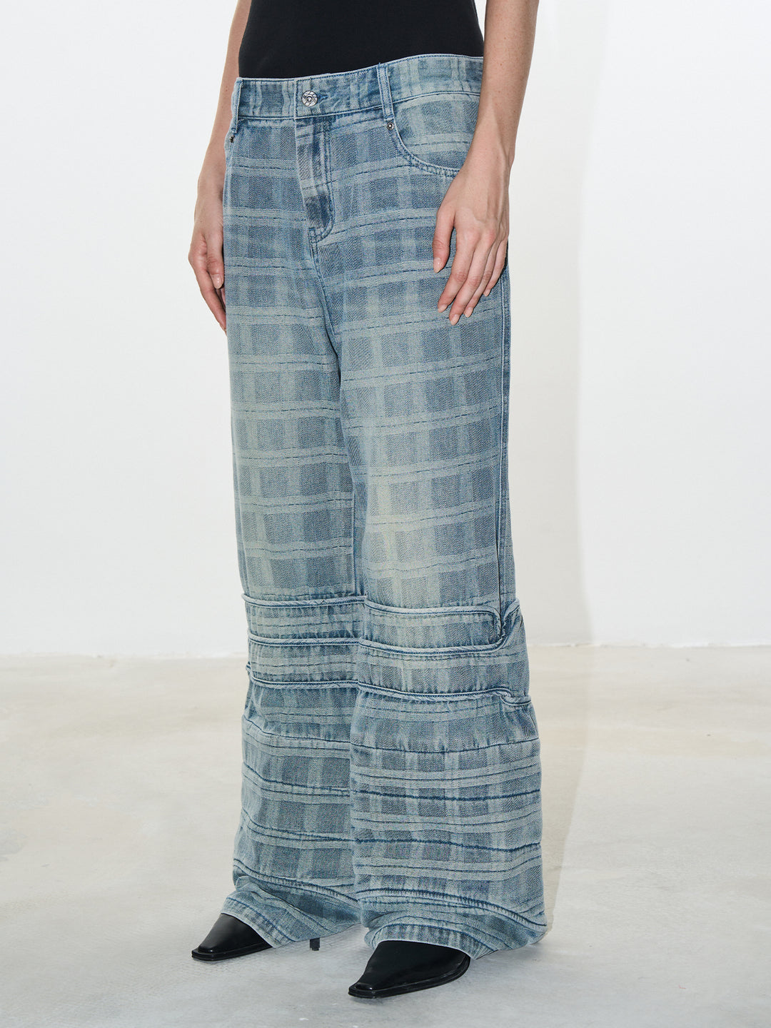 BLIND NO PLAN Plaid Patchwork Bootcut Washed Jeans | Face 3 Face