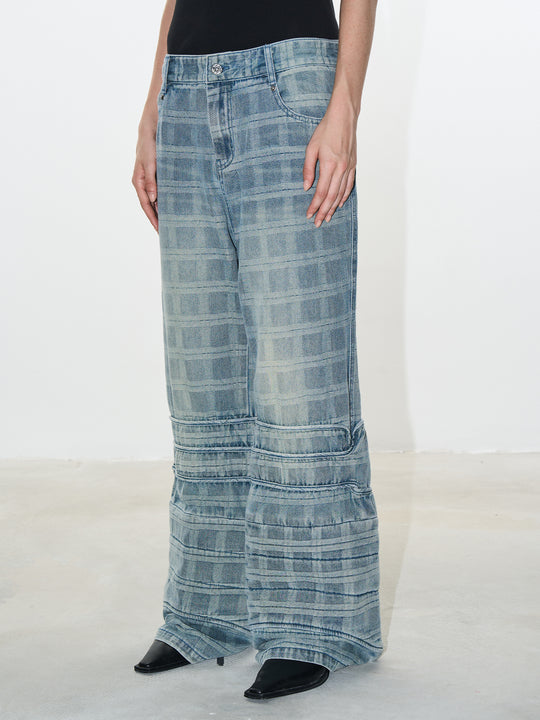 BLIND NO PLAN Plaid Patchwork Bootcut Washed Jeans | Face 3 Face