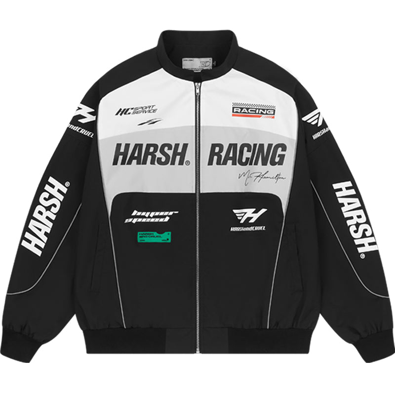 Harsh and Cruel Retro Motorcycle Racing Logo Jacket - This stylish jacket evokes the nostalgic atmosphere and powerful design of classic motorcycle racing. With high-quality materials and a bold logo print, it's a striking statement piece that seamlessly integrates into a street-style wardrobe. Versatile for spring and fall layering, this jacket captures the energy of the racetrack.