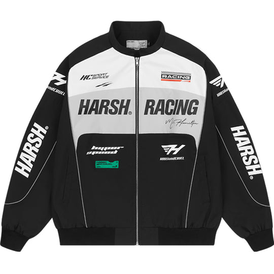Harsh and Cruel Retro Motorcycle Racing Logo Jacket - This stylish jacket evokes the nostalgic atmosphere and powerful design of classic motorcycle racing. With high-quality materials and a bold logo print, it's a striking statement piece that seamlessly integrates into a street-style wardrobe. Versatile for spring and fall layering, this jacket captures the energy of the racetrack.