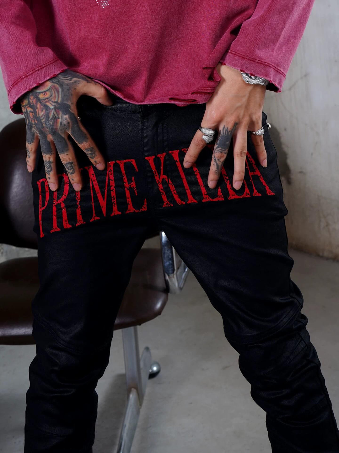 TGFCLUB PRIME KILLA Print Rhinestone Waxed Slim Fit Skinny Jeans | Face 3 Face