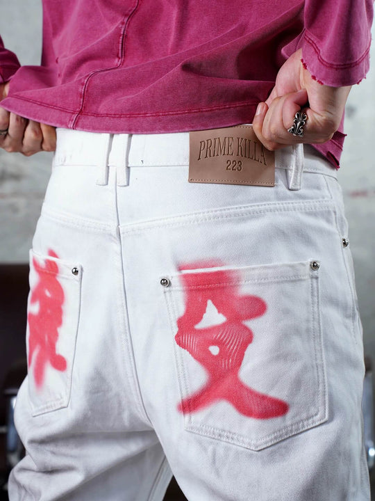 TGFCLUB Kill Graffiti Distressed White Flared Jeans | Face 3 Face