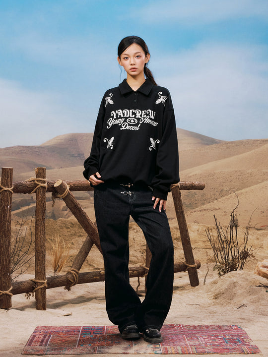 YADcrew Rope Knot Foam Print Embroidered Polo Sweatshirt | Face 3 Face