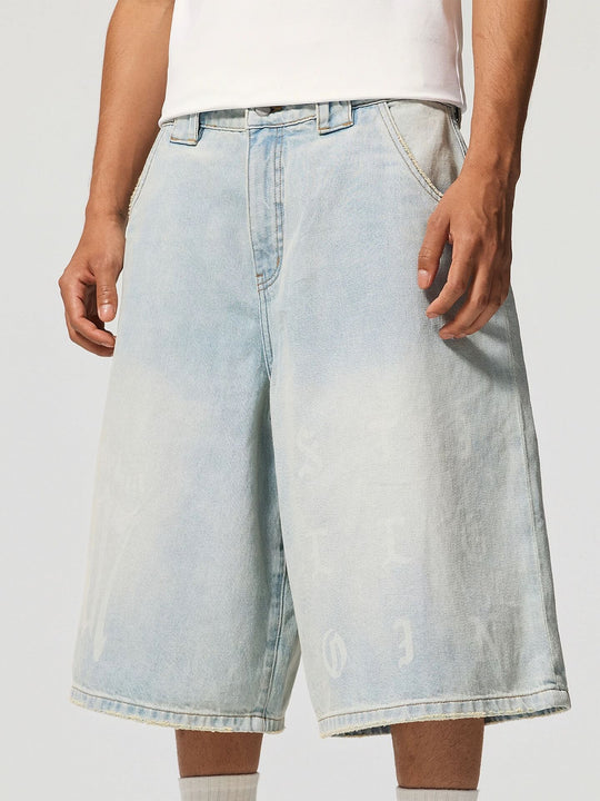 1807 Gothic Letter Print Washed Denim Baggy Shorts | Face 3 Face