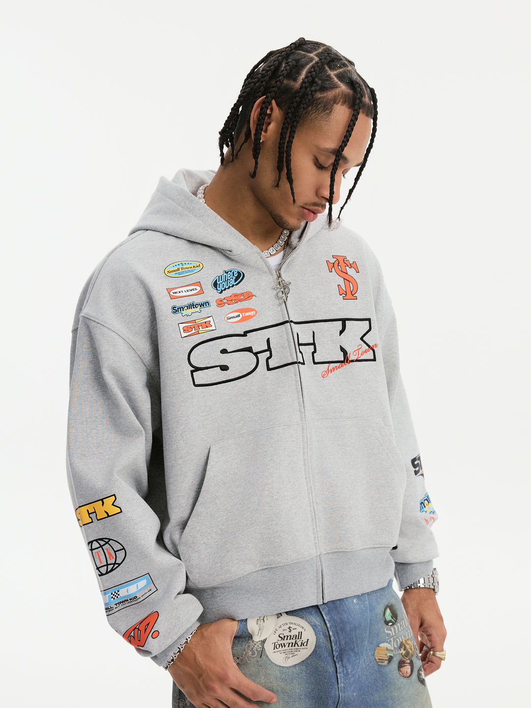 Small Town Kid Racing Badge Printed and Embroidered Zip-Up Hoodie | Face 3 Face