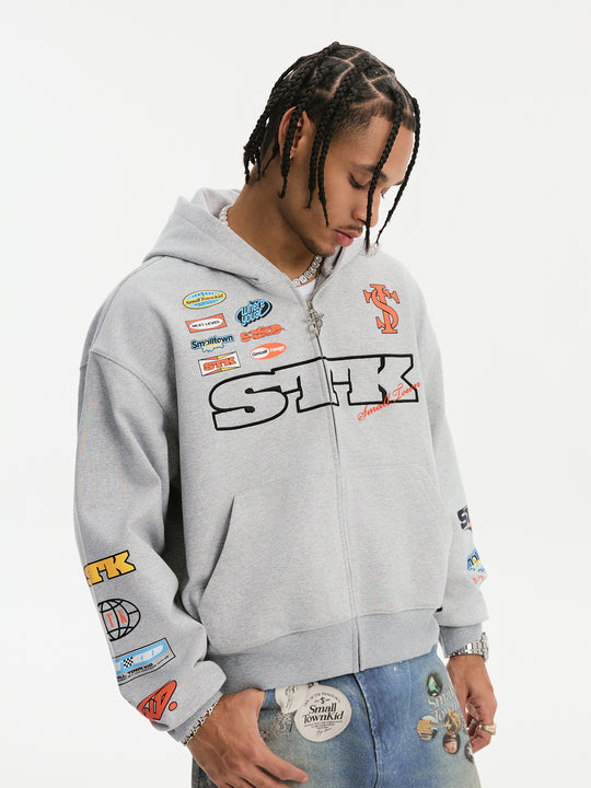 Small Town Kid Racing Badge Printed and Embroidered Zip-Up Hoodie | Face 3 Face
