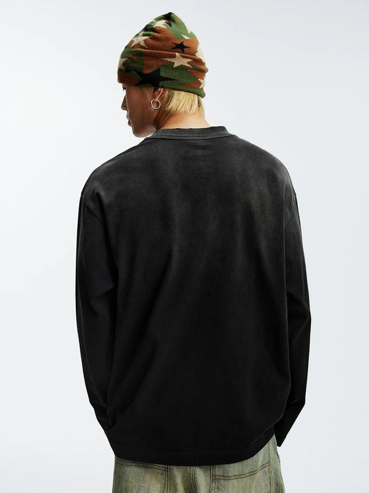 MEDM Frayed Logo Patch Washed Distressed Long Sleeve Tee | Face 3 Face