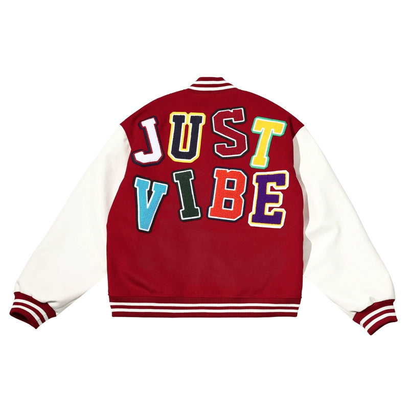 JUST VIBE Terry Multicolor Logo PU Leather Varsity Jacket | Face 3 Face
