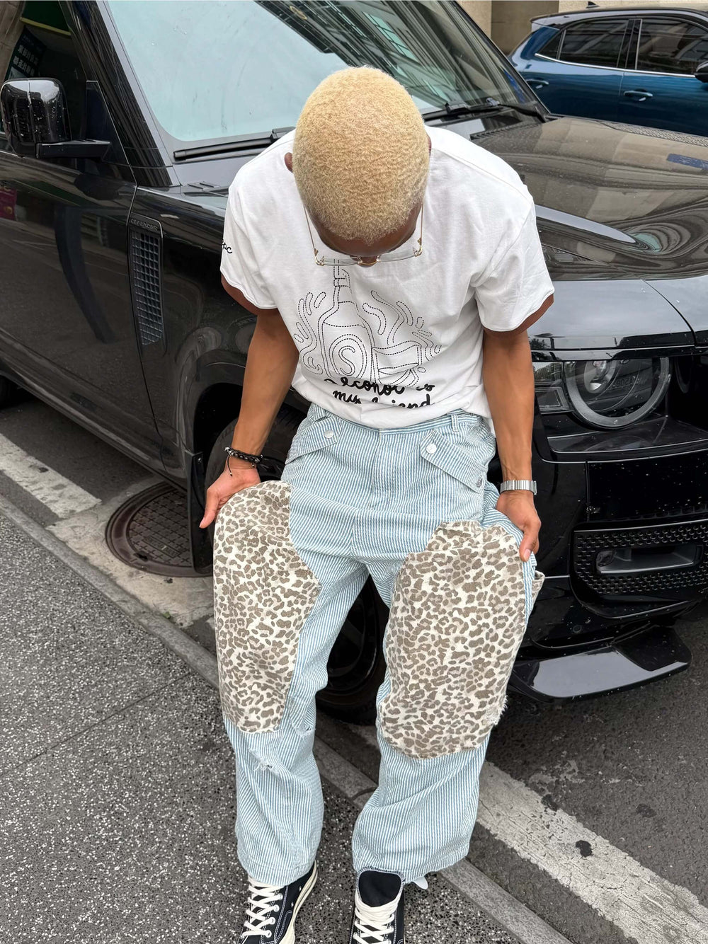 STEEPC Leopard Print Double Knee Hickory Stripe Baggy Pants | Face 3 Face