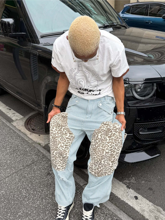 STEEPC Leopard Print Double Knee Hickory Stripe Baggy Pants | Face 3 Face
