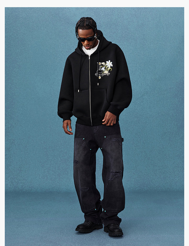 MEDM Floral Embroidery Air Layer Zip-Up Hoodie | Face 3 Face