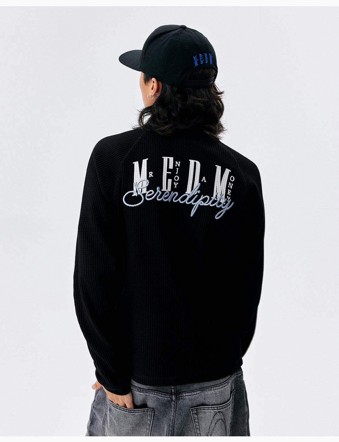 MEDM Logo Embroidered Print Waffle Long Sleeve Tee | Face 3 Face