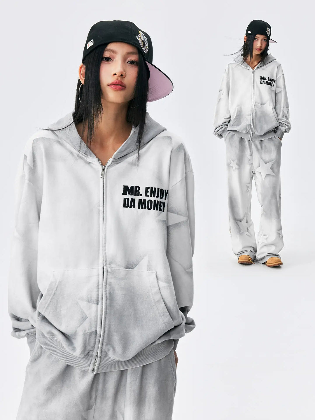 MEDM Washed Star All Over Print Zip Up Hoodie | Face 3 Face