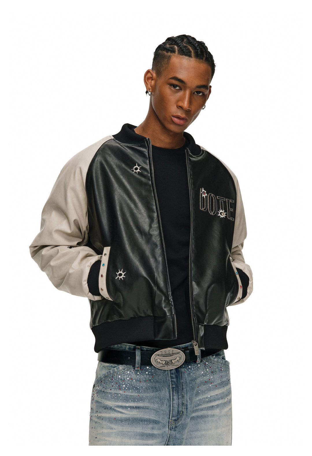 ANTIDOTE Bullseye Color Diamond Studded Leather Baseball Jacket | Face 3 Face