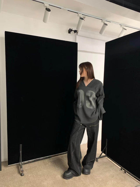 LIBERAFIT V Neck Ribbed Knit Long Sleeve Sweater | Face 3 Face