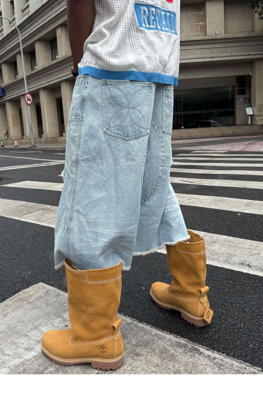 STEEPC Washed Distressed Button Fly Cutoff Baggy Denim Shorts | Face 3 Face