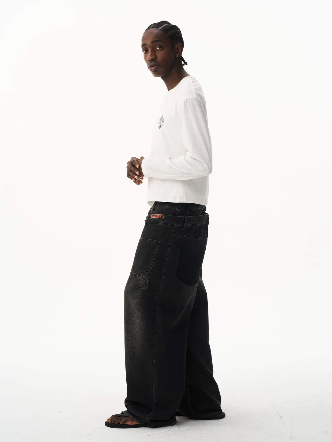 EXITMODE BY BLIND NO PLAN Double Waist Washed Patch Embroidered Baggy Jeans | Face 3 Face