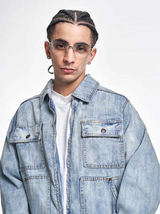 F3F Select Multi Pocket Washed Work Denim Jacket | Face 3 Face