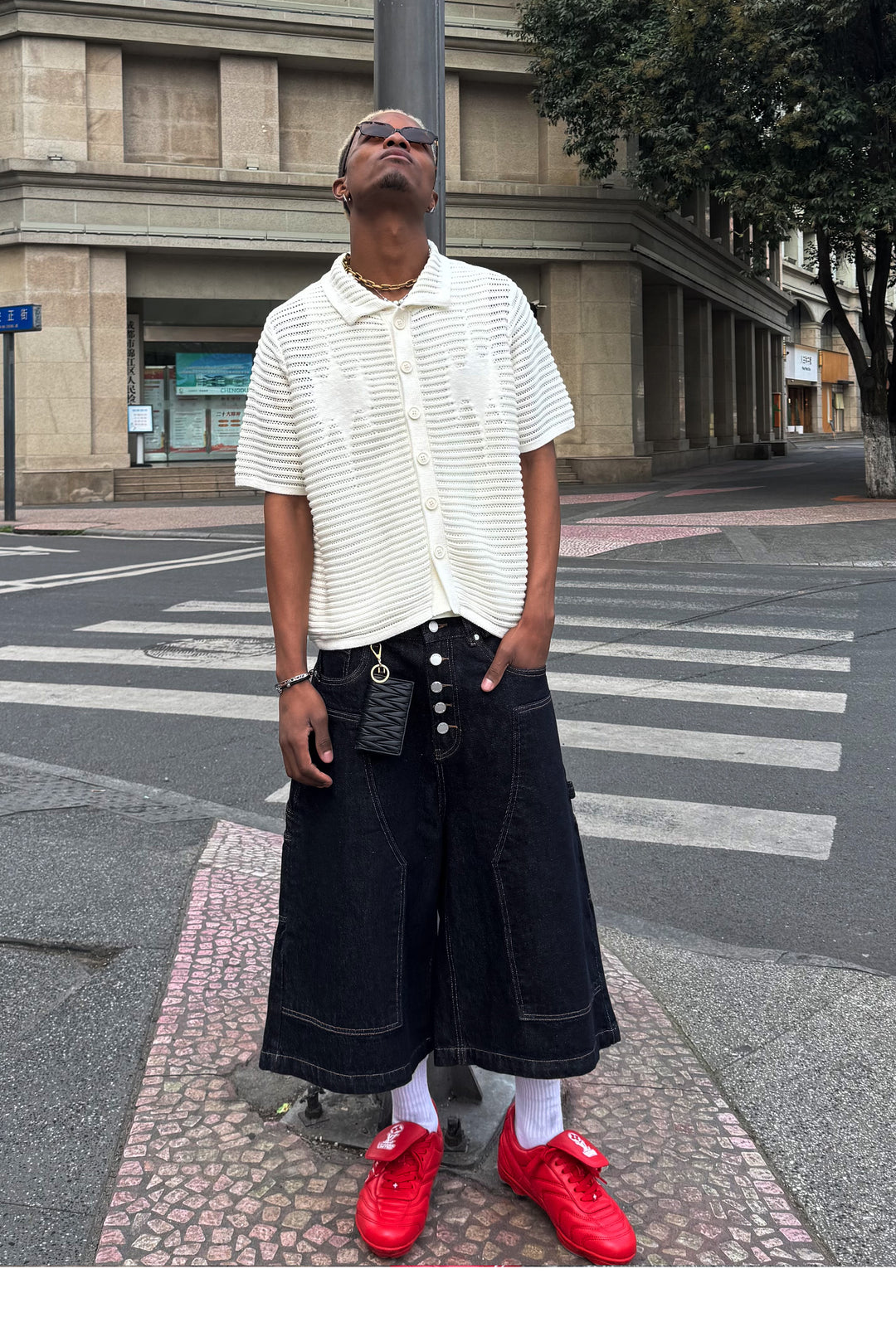 STEEPC Snap Button Double Knee Cropped Denim Baggy Shorts | Face 3 Face