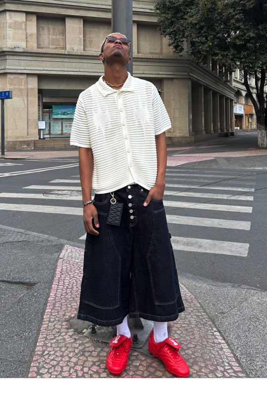 STEEPC Snap Button Double Knee Cropped Denim Baggy Shorts | Face 3 Face